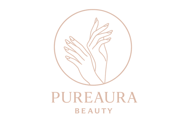 Minimal elegant logo for PureAura Beauty, nail and manicure brand. Clean line art of feminine hands with polished nails, neutral pastel tones, blush pink and nude beige, circle frame, luxury and soft aesthetic, white background.