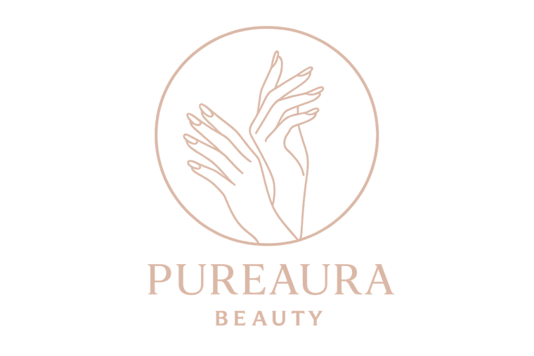 Minimal elegant logo for PureAura Beauty, nail and manicure brand. Clean line art of feminine hands with polished nails, neutral pastel tones, blush pink and nude beige, circle frame, luxury and soft aesthetic, white background.